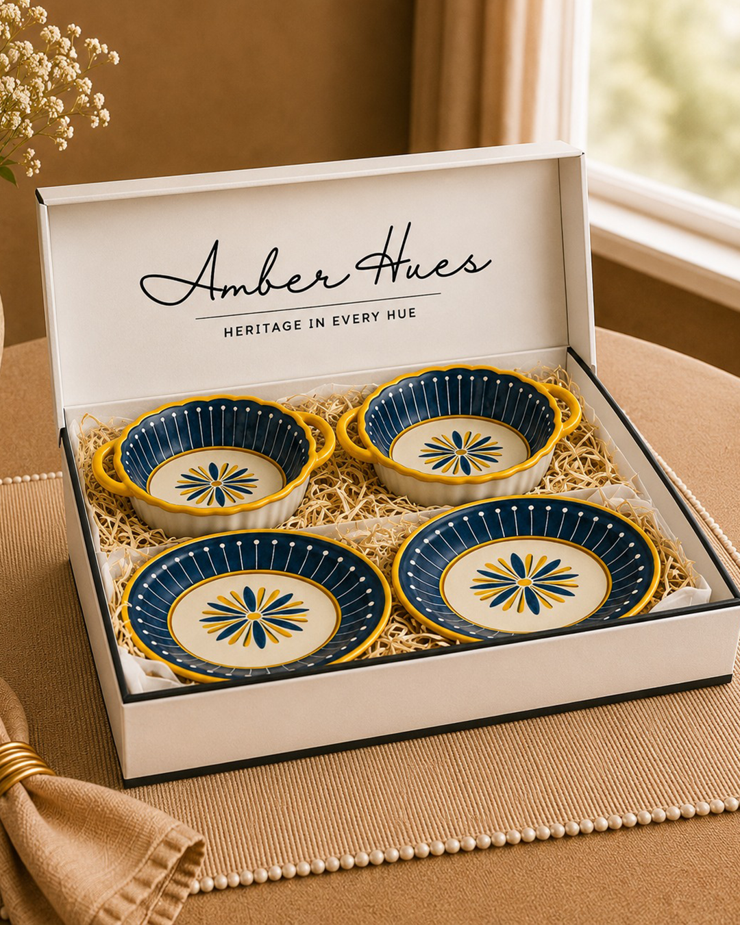 Elegant Mandala Suite Gift set of Two Dessert Plates and Two medium size bowls