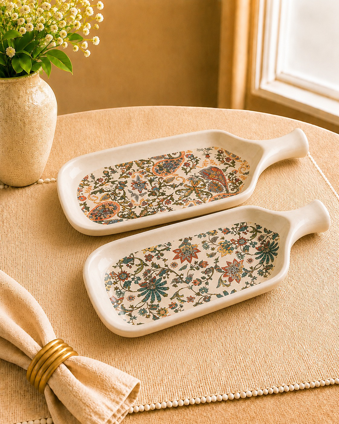 Ethnic, Kashmiri Carpet prints on 5” - Ceramic Platter with Handle