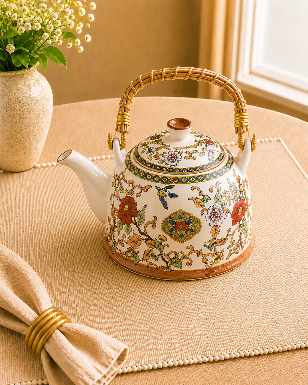Elegant Kettle with Asian Motif - with Handle, Serves two cups of tea