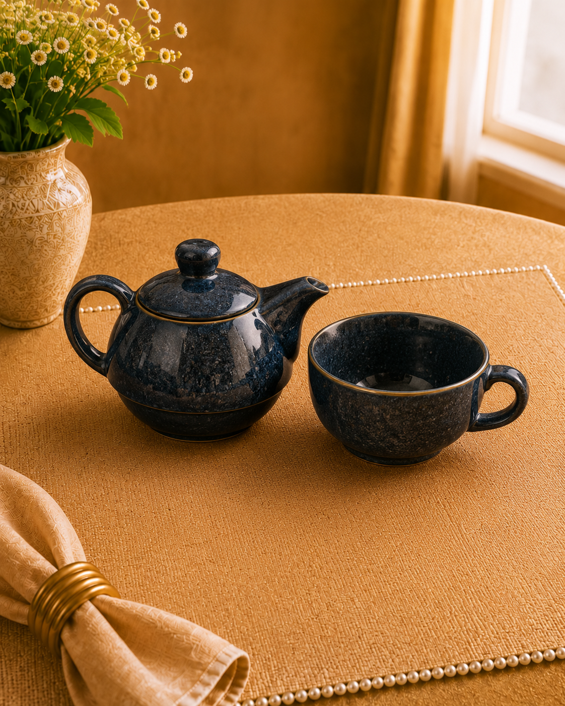 Elegant Rustic Blue Tea Pot & Cup Combo