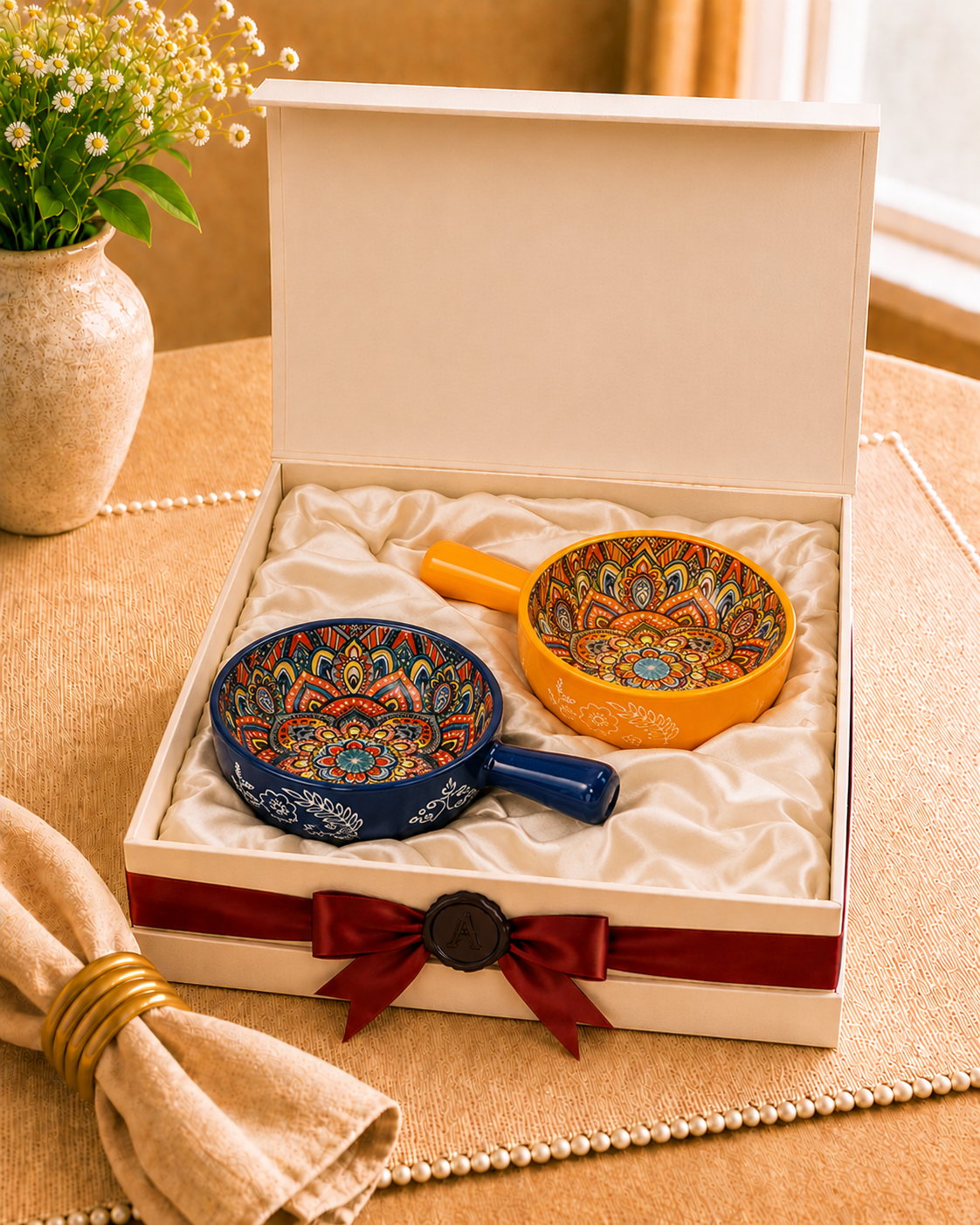 Whispers of Mandala Collection – Round Serve ware (with handle) Set of 2