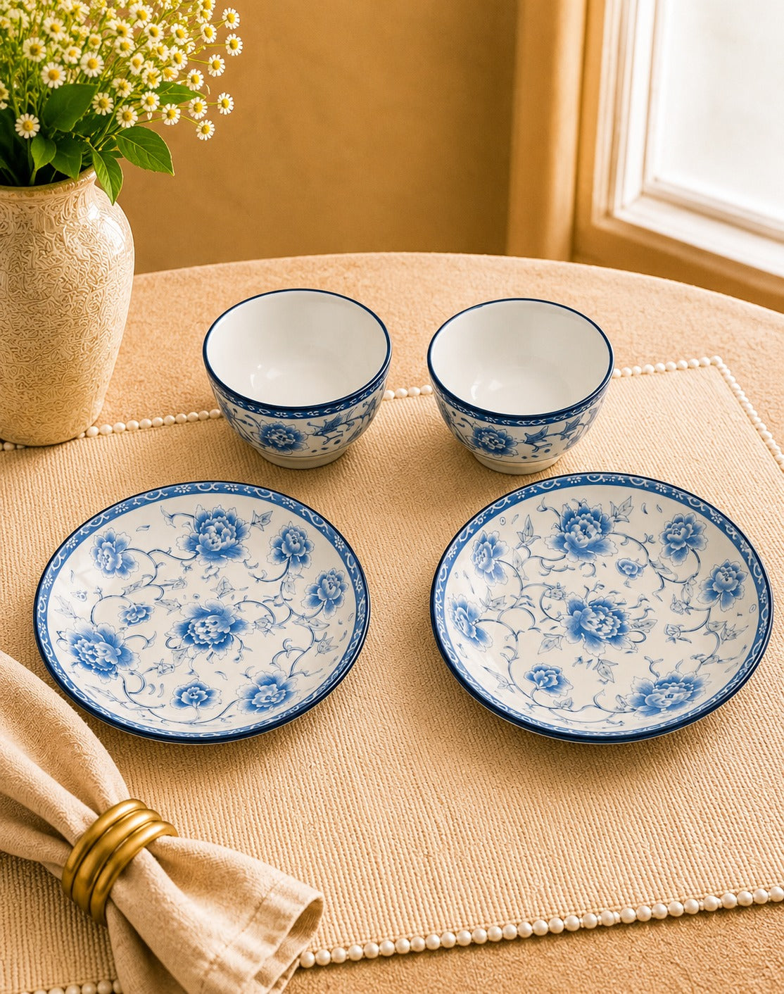 Ottoman Grace Collection - Floral Blue Set of2 Dessert Plates and 2 Bowls