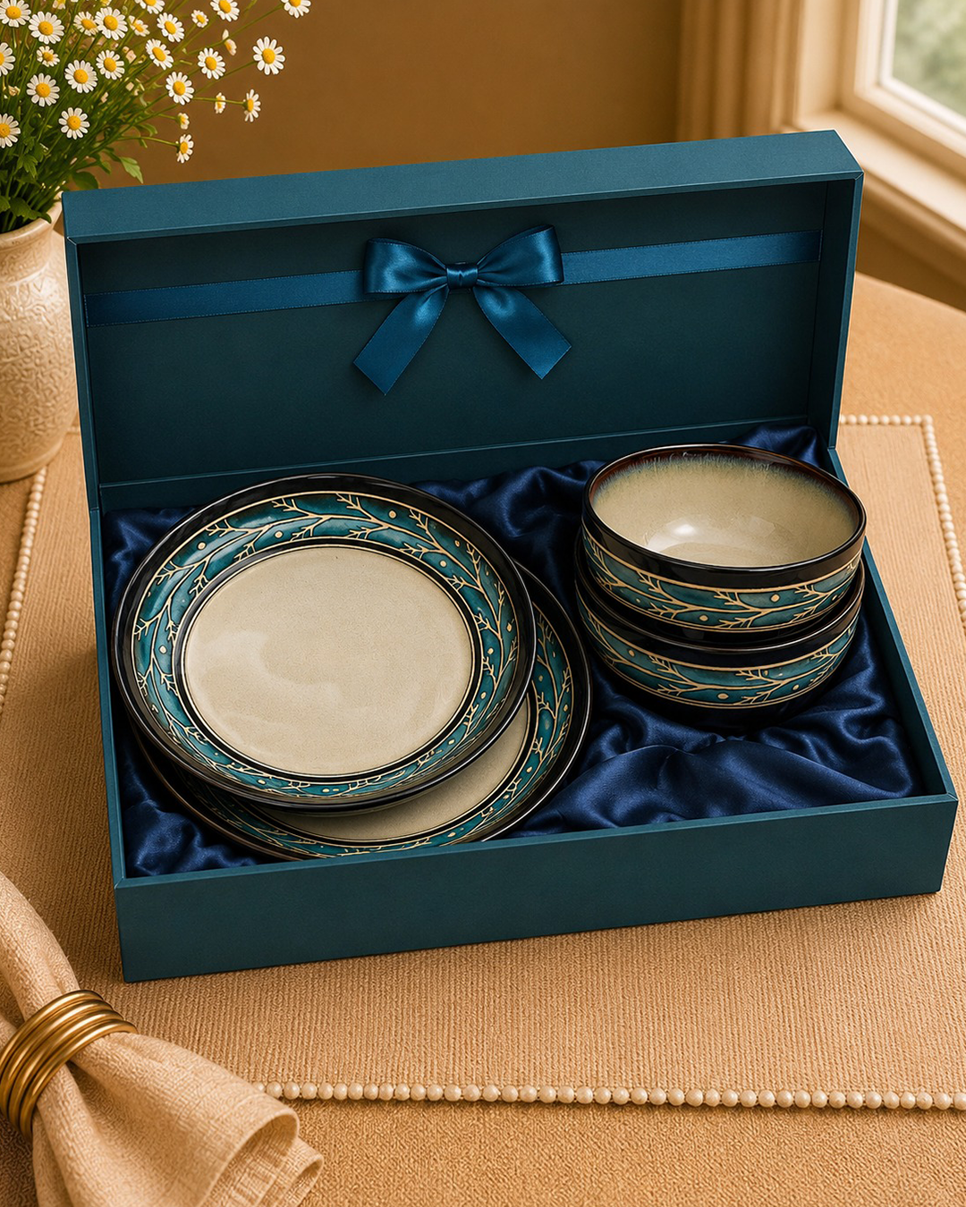 Anatolian Muse Collection - Heritage Teal Blue - set of 2 Dinner Plates and 2 Bowls