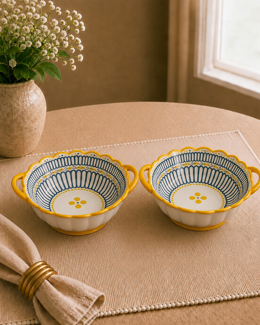 Ethnic Ceramic Bowls 6” with handles – Set of 2