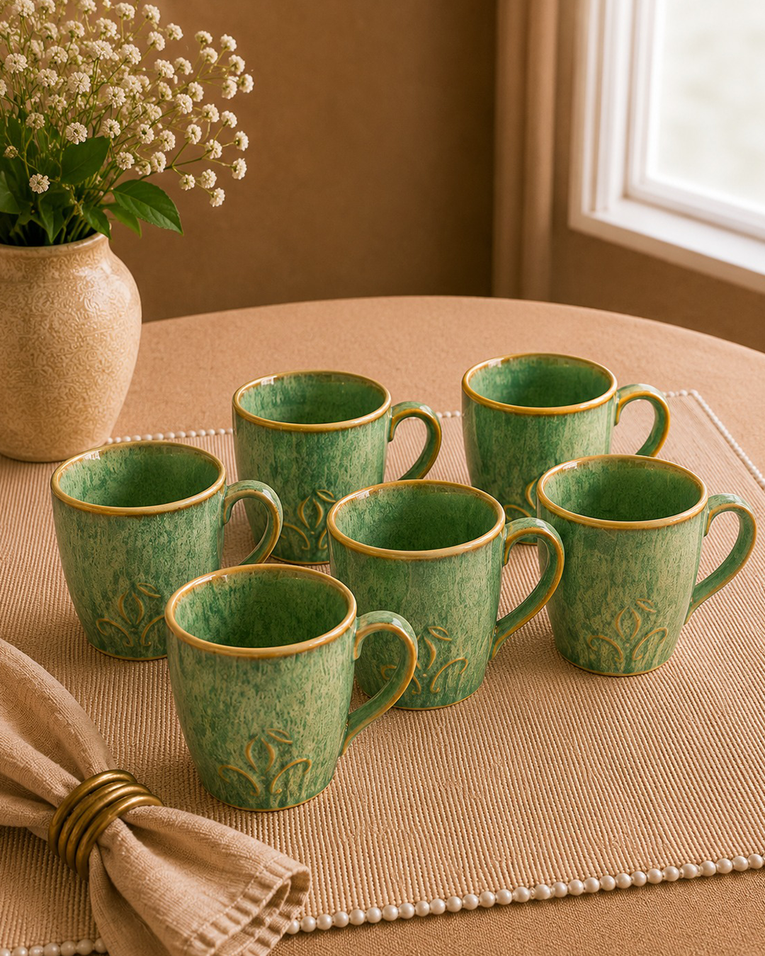 Elegant Pastel Green Ceramic Coffee Mugs - set of 6