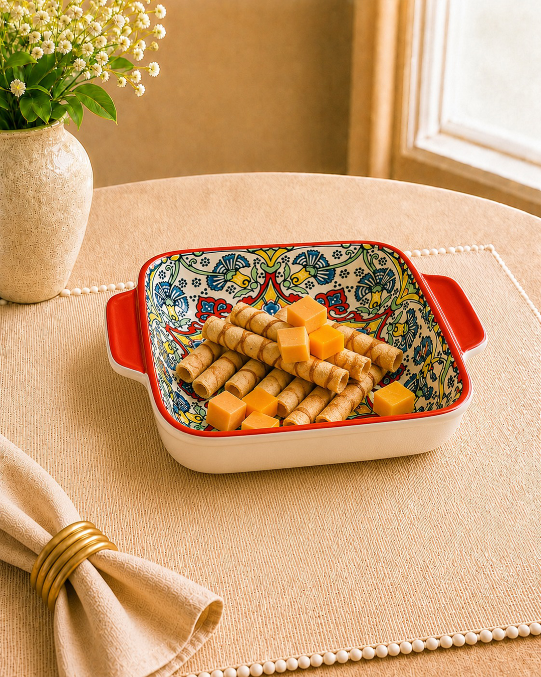 Mandala Printed Serve Tray - White & Orange