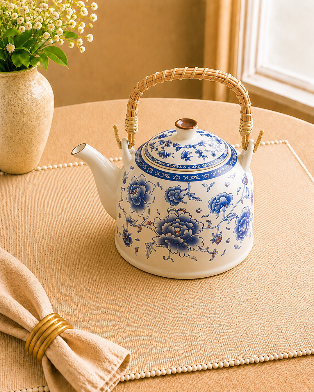 Elegant Kettle with Turkish Blue Motif, - with Handle, Serves two cups of tea