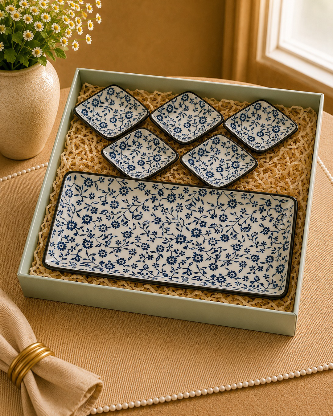 Anatolian Muse Collection- Heritage Floral Blue - Set of one Large Platter and 6 small Dessert plates