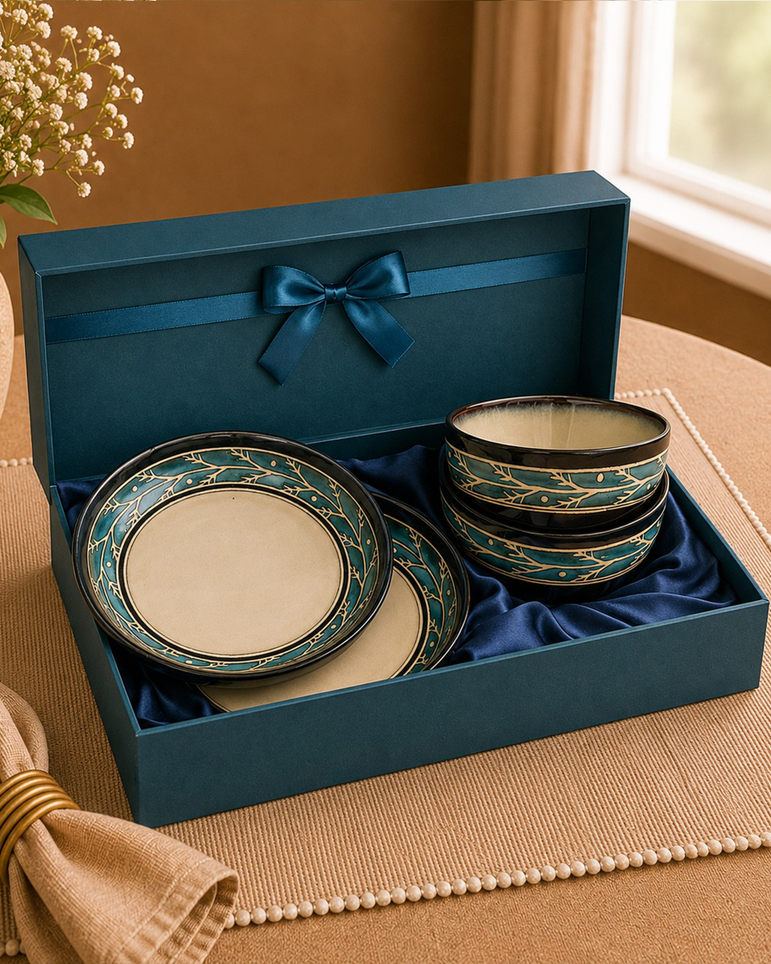 Anatolian Muse Collection - Heritage Teal Blue set of 2 Dessert Plates and 2 Bowls