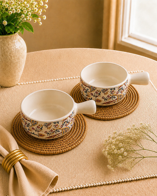 Ethnic, Kashmiri Carpet prints on 5” - Ceramic Bowls with Handle