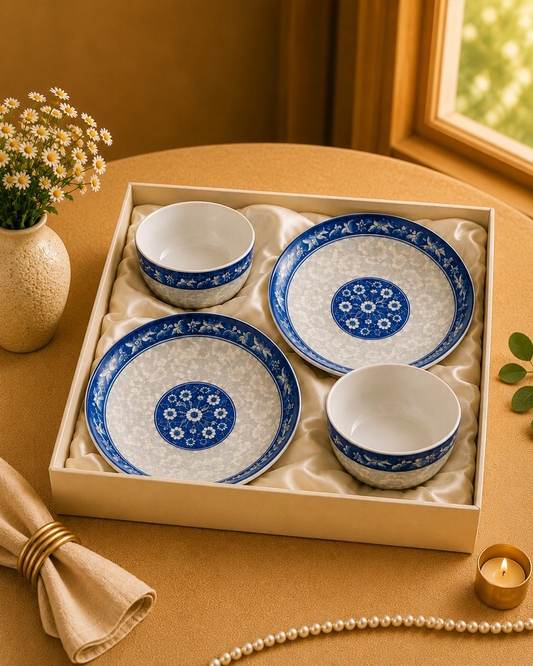 Elegant Blue and White  Art Inspired, Set of 2 Bowls – and 2 Dessert Plates 7