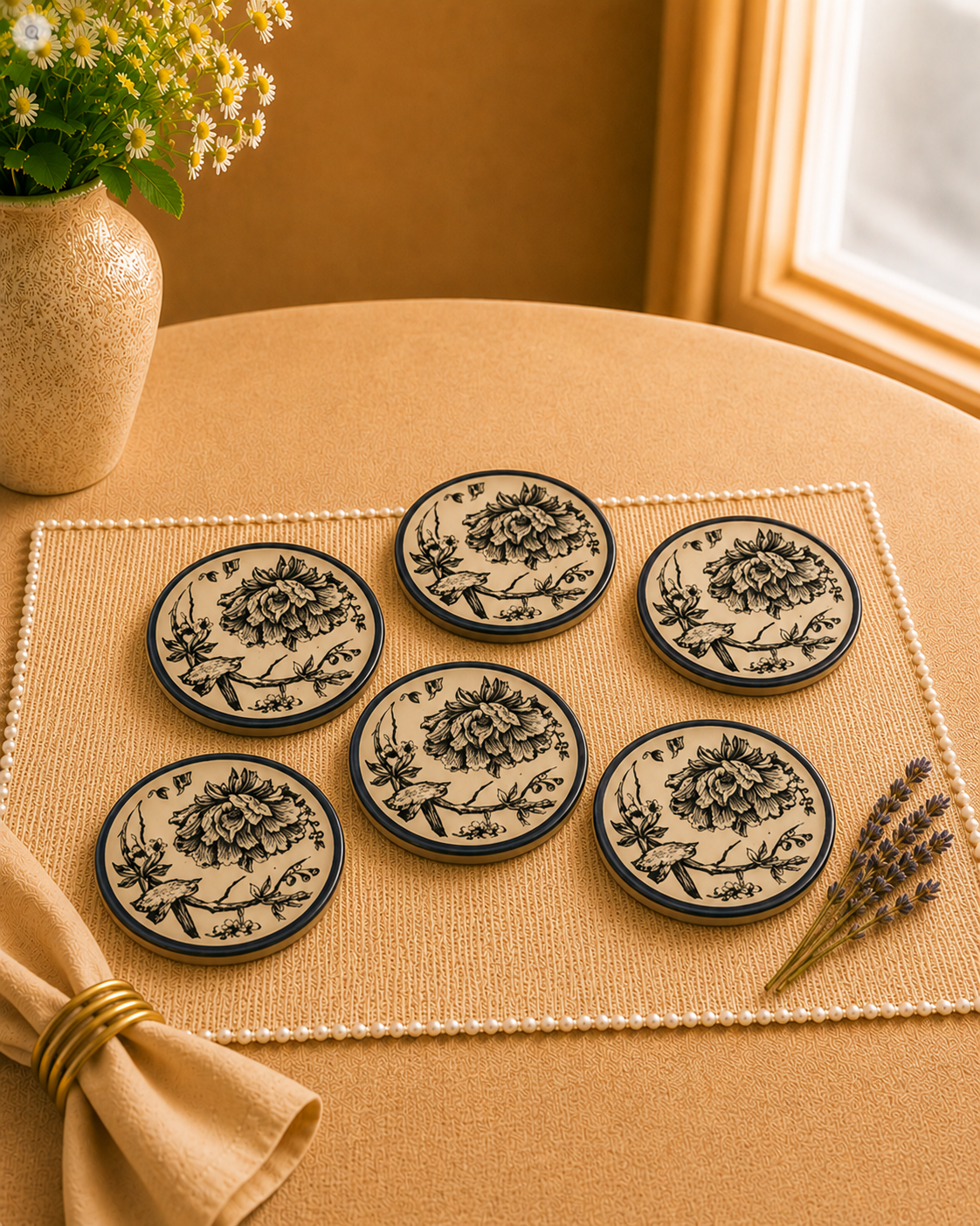Bloom & Grace Collection - Black floral 5” dish plates set of 6