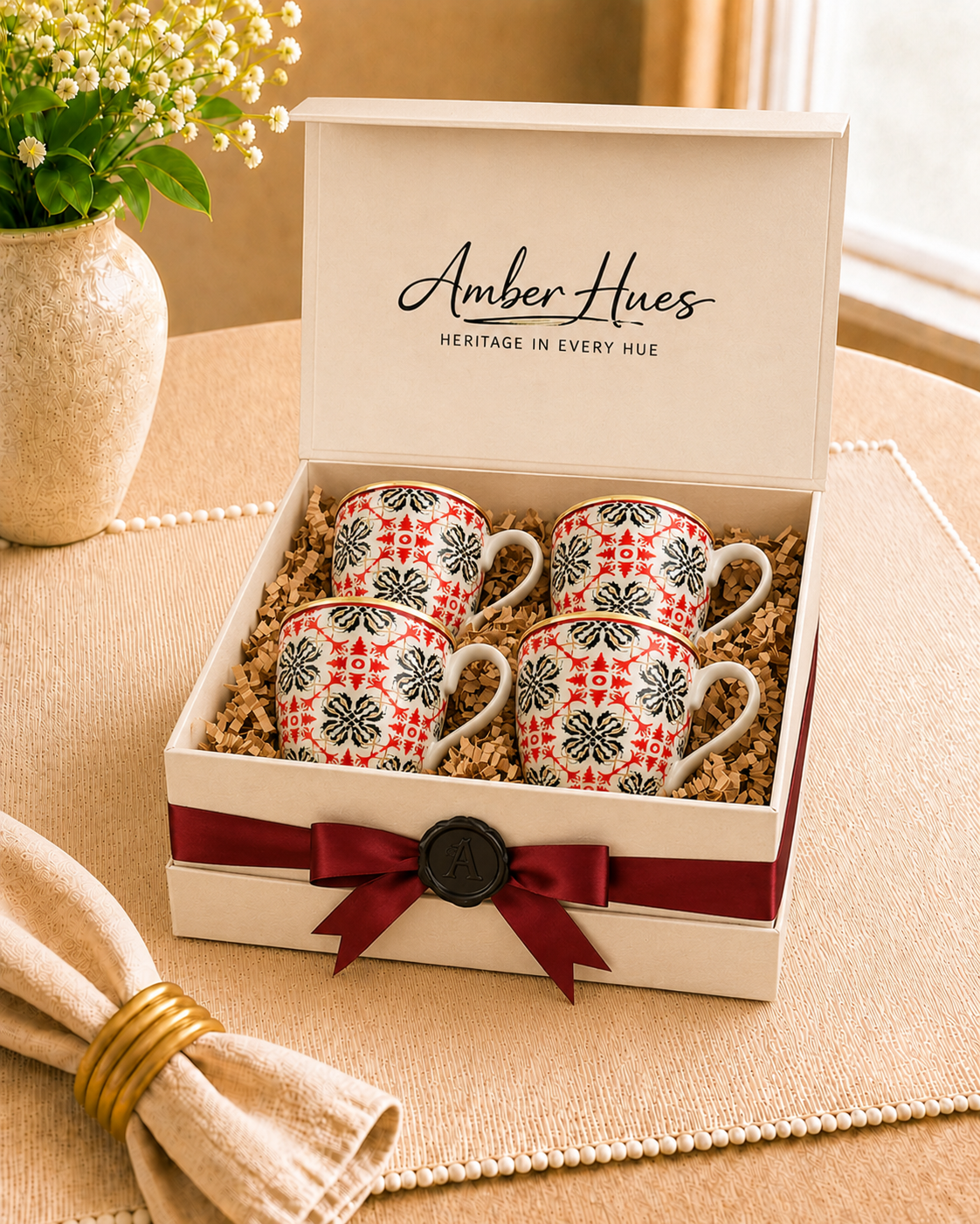 Bloom & Grace Collection - Set of 4 Coffee mugs Red Floral