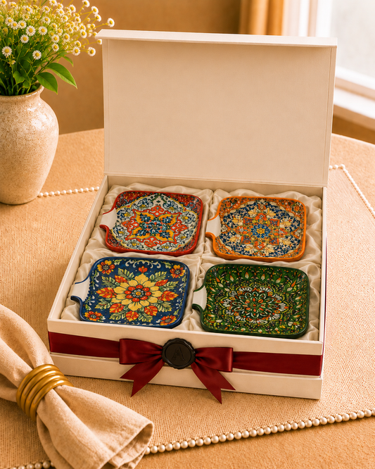 Whispers of Mandala collection - Set of Square serveware with handle in Gift pack of 4