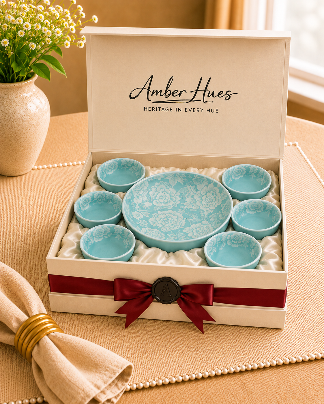 Bloom &  Grace  Collection – Gift set of one large serve ware and  six small  dessert dishes