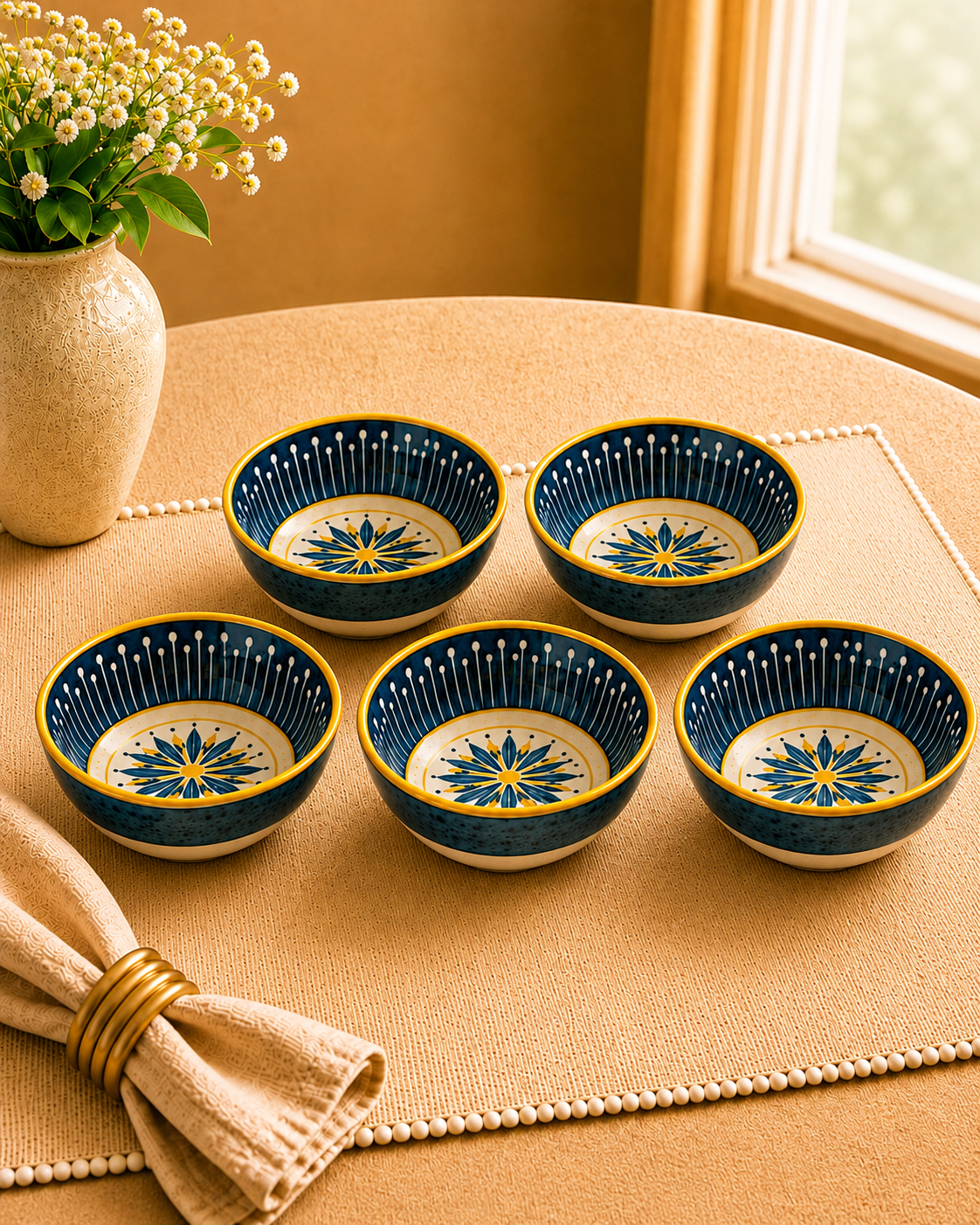 Ethnic Mandala Art Ceramic Blue Bowl 4.5”- Set of 6