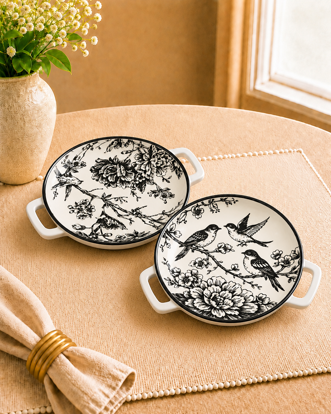Bloom & Grace Collection - Matte Black Floral Platter set of 2