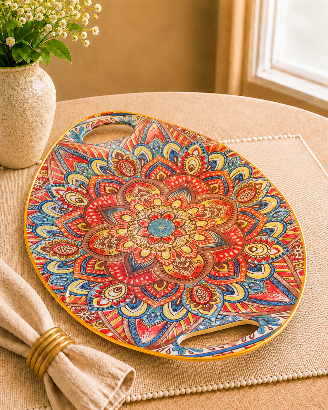 Whispers of Mandala Collection - Oval Serve Tray - Blue and Orange