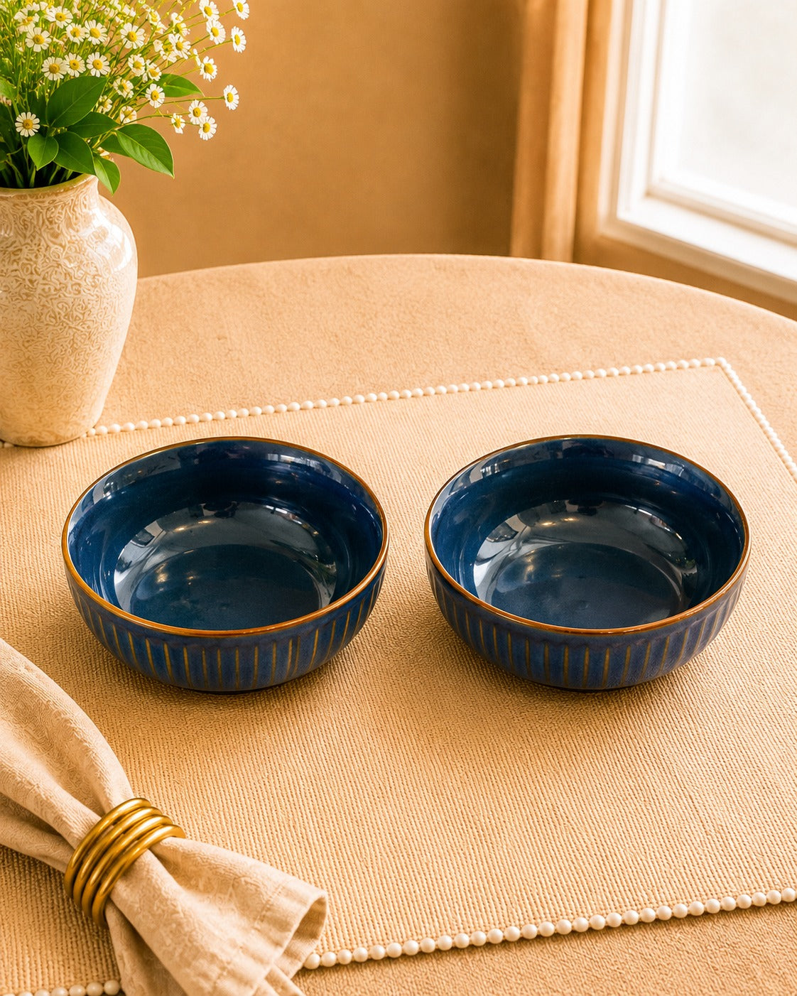 Rustic Blue Ribbed Ceramic Bowl 7”- set of 2