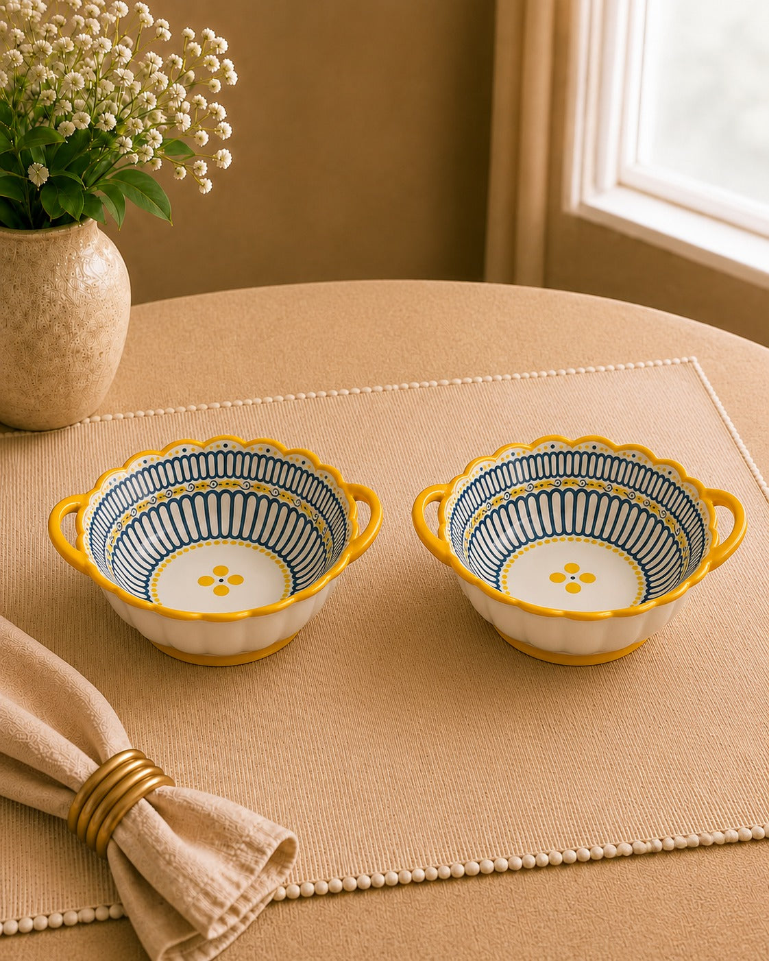 Whispers of Mandala Collection - Beige and Blue stripe Bowls – Set of 2