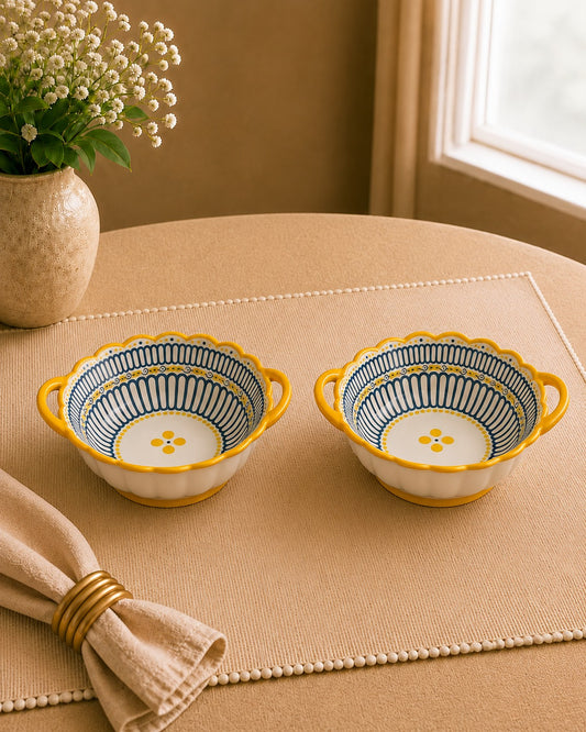 Whispers of Mandala Collection - Beige and Blue stripe Bowls – Set of 2