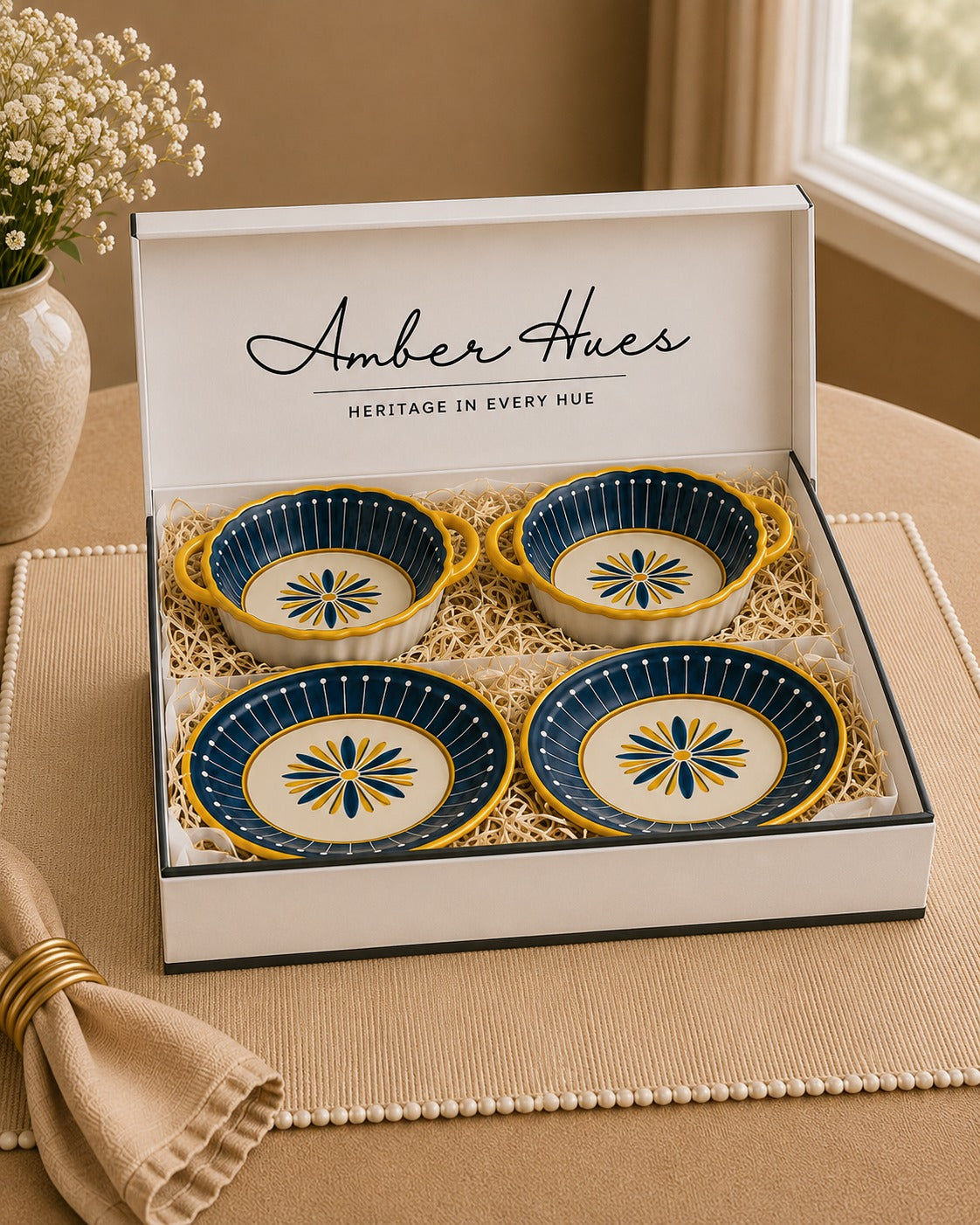 Whispers of Mandala Collection - Sunburst Dessert Plates and medium-size bowls
