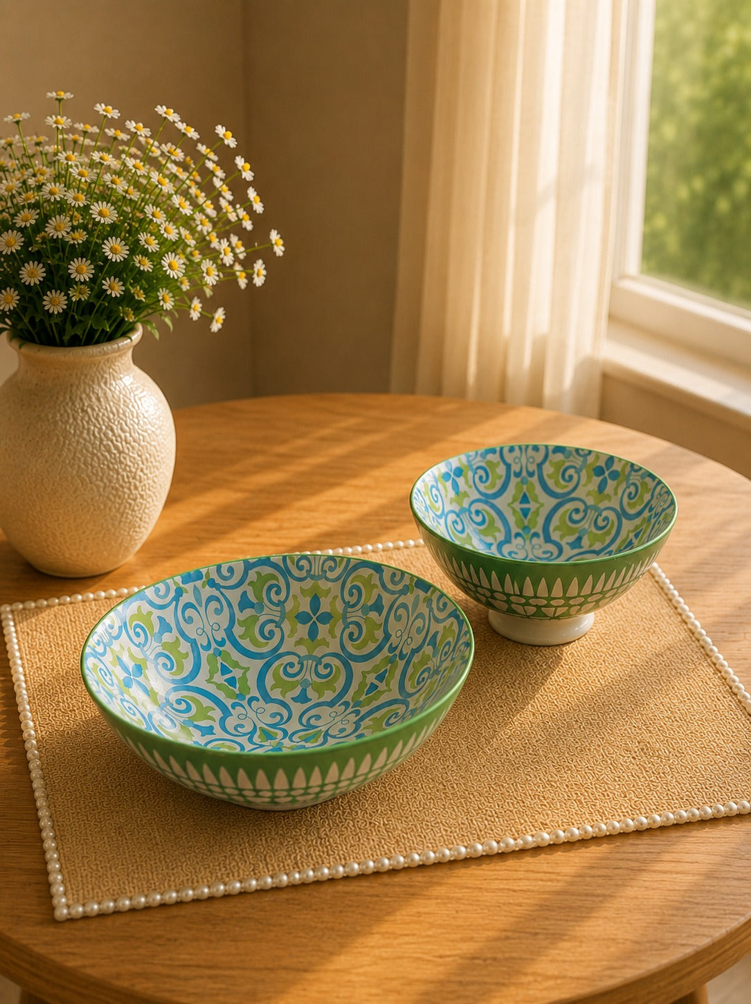 Bloom & Grace Collection - Printed Serve ware set of 2 Green floral bowls of 8.5”& 6”